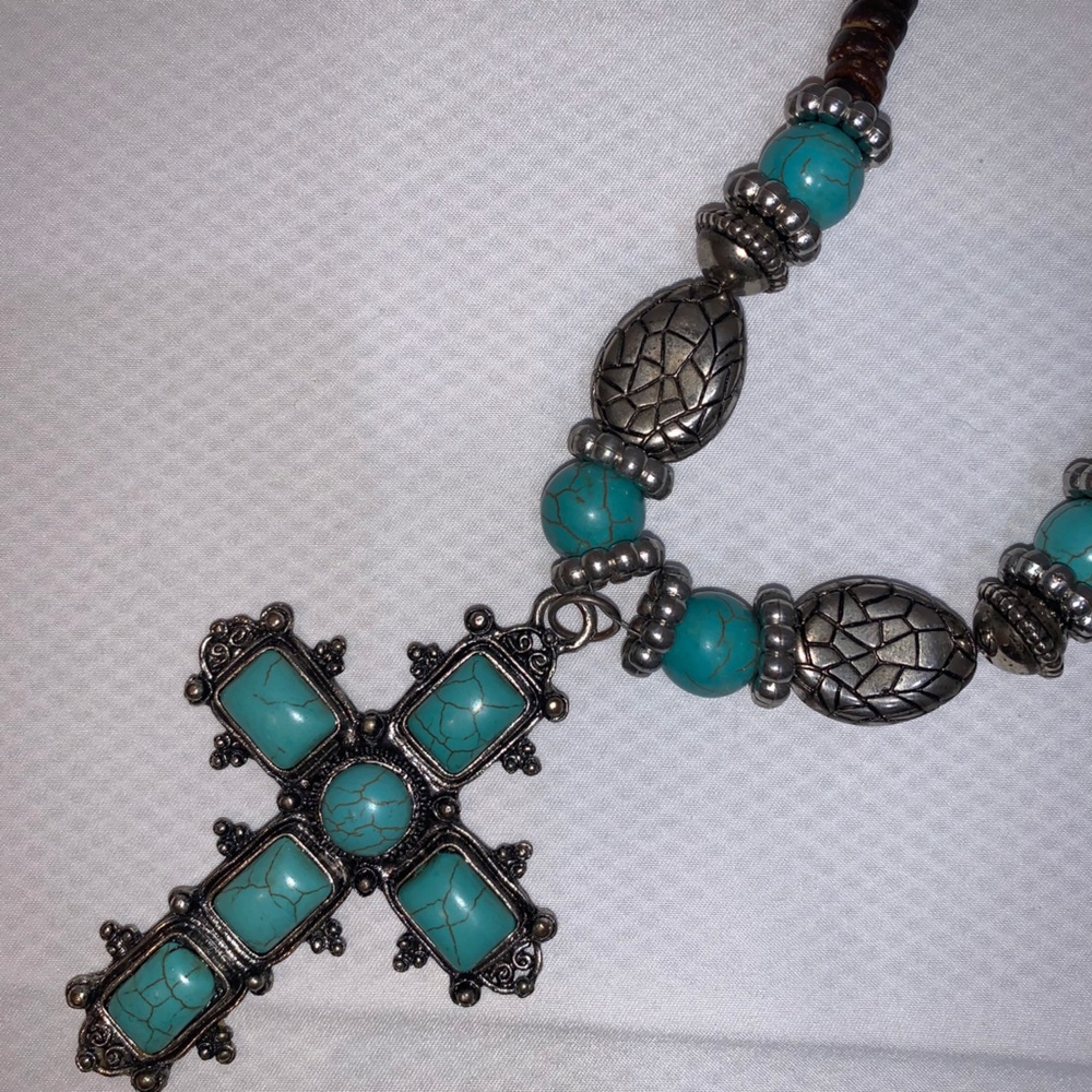 Turquoise and silver cross necklace